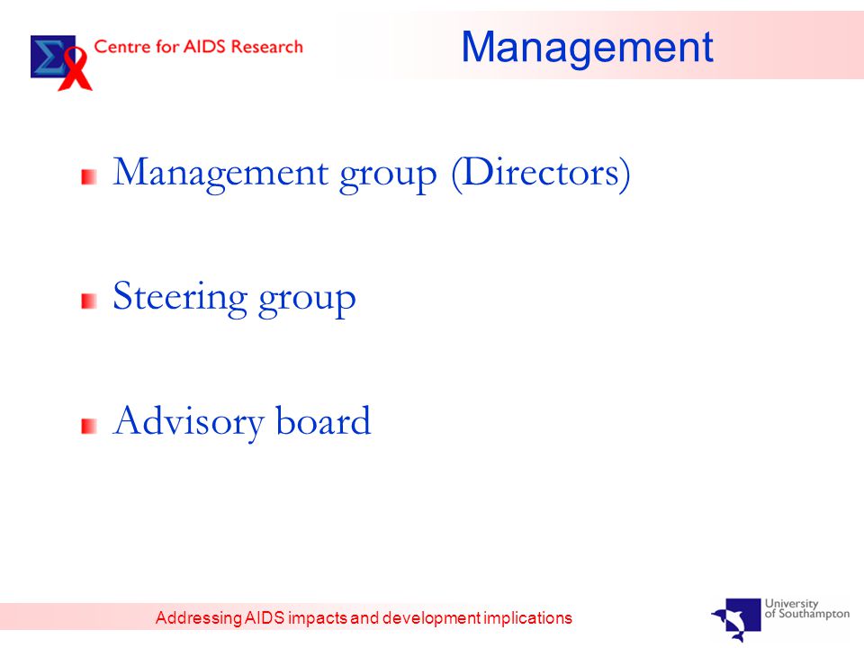 Addressing AIDS impacts and development implications Management Management group (Directors) Steering group Advisory board