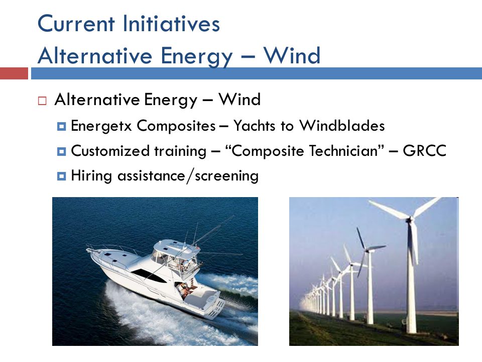 Current Initiatives Alternative Energy – Wind  Alternative Energy – Wind  Energetx Composites – Yachts to Windblades  Customized training – Composite Technician – GRCC  Hiring assistance/screening
