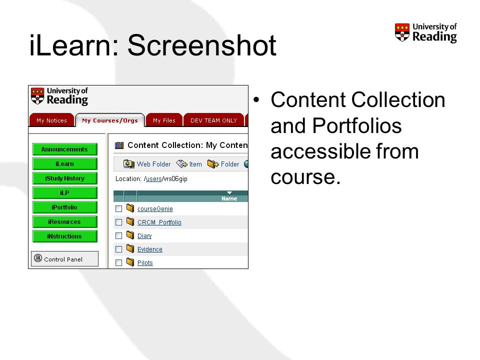 10 iLearn: Screenshot Content Collection and Portfolios accessible from course.