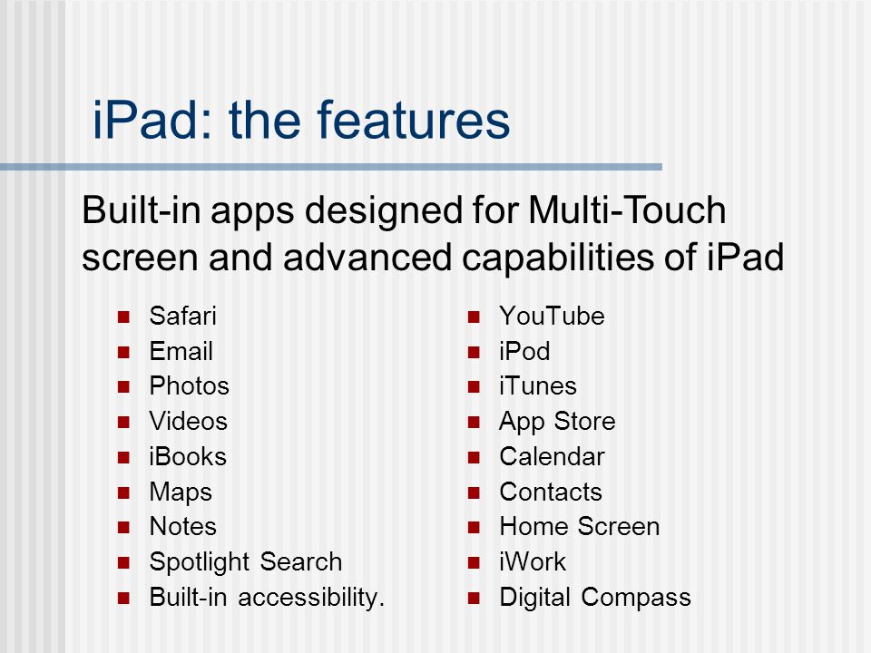 iPad: the features Safari  Photos Videos iBooks Maps Notes Spotlight Search Built-in accessibility.