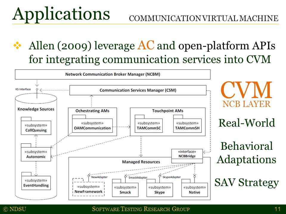 © NDSU S OFTWARE T ESTING R ESEARCH G ROUP  Allen (2009) leverage AC and open-platform APIs for integrating communication services into CVM Applications 11 COMMUNICATION VIRTUAL MACHINE CVM Real-World Behavioral Adaptations SAV Strategy NCB LAYER