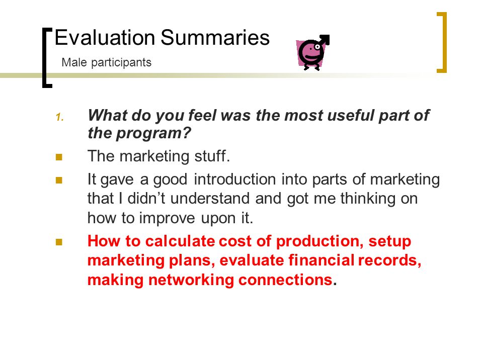 Evaluation Summaries 1. What do you feel was the most useful part of the program.