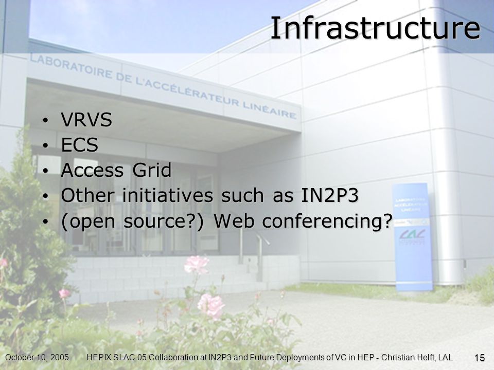 October 10, 2005HEPIX SLAC 05 Collaboration at IN2P3 and Future Deployments of VC in HEP - Christian Helft, LAL 15 Infrastructure VRVS VRVS ECS ECS Access Grid Access Grid Other initiatives such as IN2P3 Other initiatives such as IN2P3 (open source ) Web conferencing.