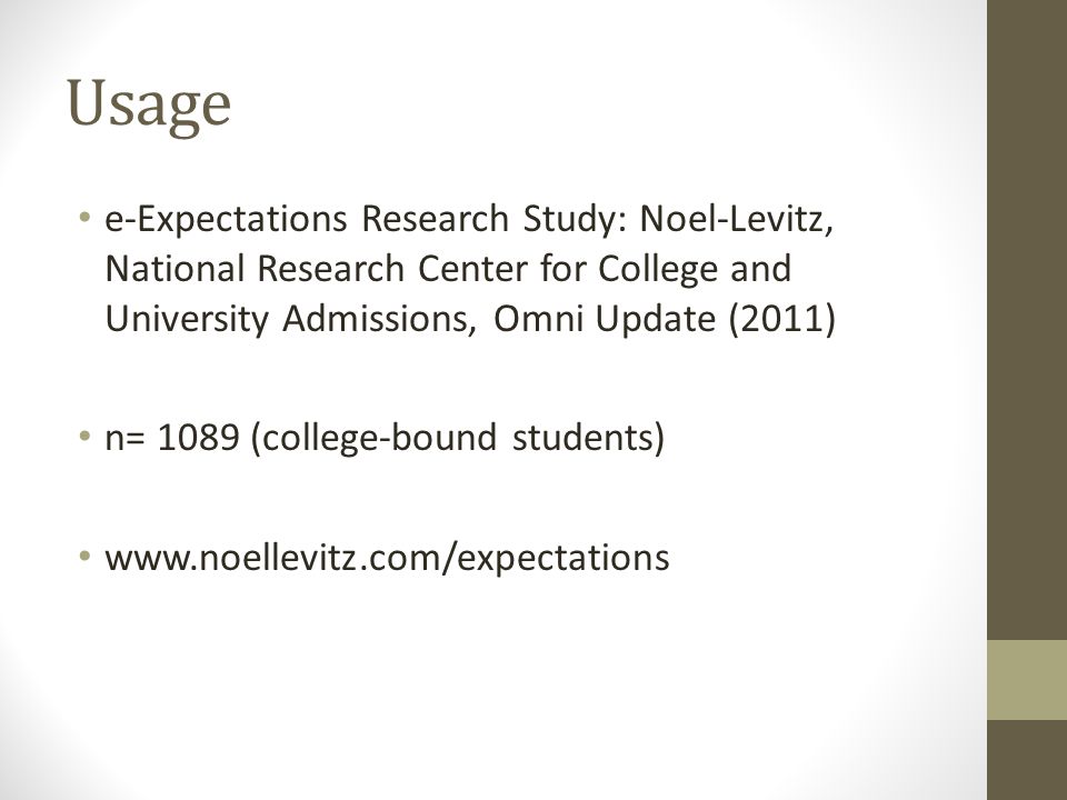 Usage e-Expectations Research Study: Noel-Levitz, National Research Center for College and University Admissions, Omni Update (2011) n= 1089 (college-bound students)
