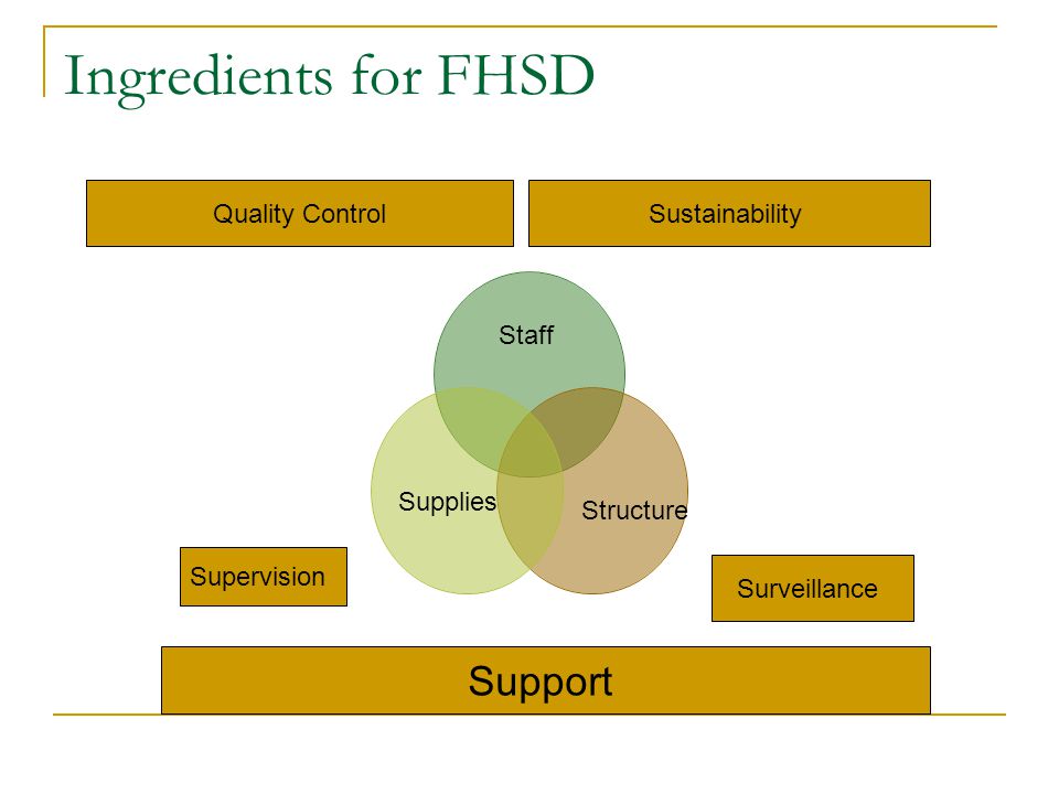 Ingredients for FHSD Surveillance Support SustainabilityQuality Control Staff Structure Supplies Supervision