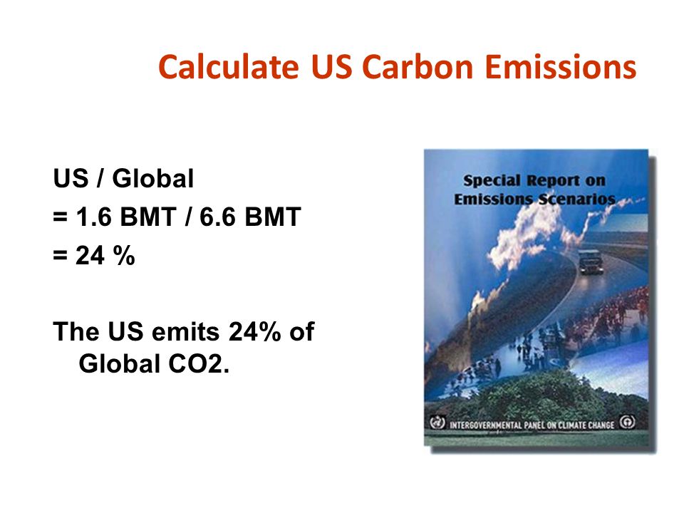 Calculate US Carbon Emissions US / Global = 1.6 BMT / 6.6 BMT = 24 % The US emits 24% of Global CO2.