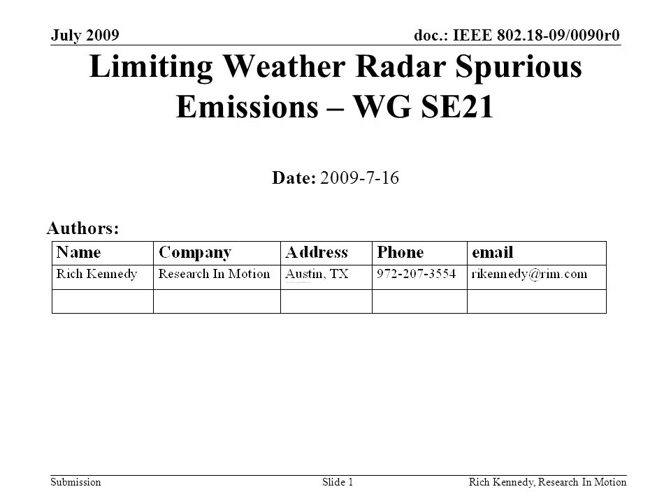 doc.: IEEE /0090r0 Submission July 2009 Rich Kennedy, Research In MotionSlide 1 Limiting Weather Radar Spurious Emissions – WG SE21 Date: Authors: