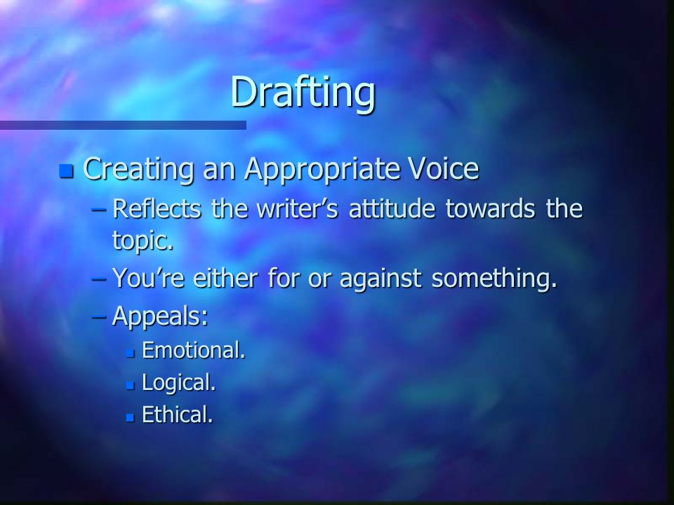 Drafting n Creating an Appropriate Voice –Reflects the writer’s attitude towards the topic.