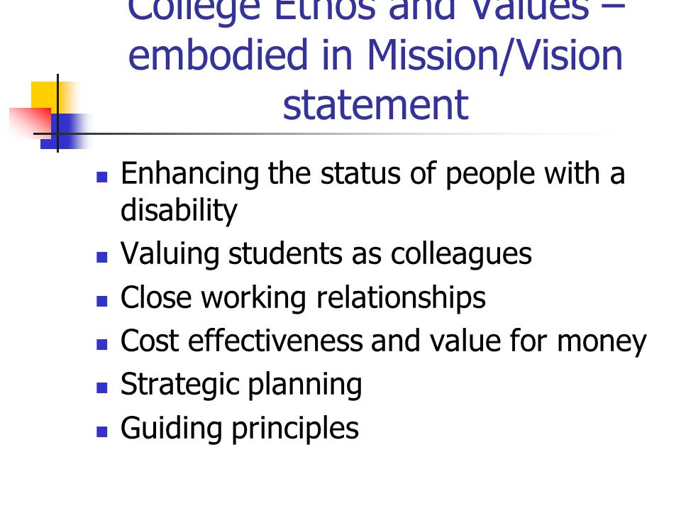 College Ethos and Values – embodied in Mission/Vision statement Enhancing the status of people with a disability Valuing students as colleagues Close working relationships Cost effectiveness and value for money Strategic planning Guiding principles