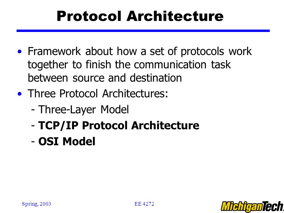 EE 4272Spring, 2003 Protocol Architecture Framework about how a set of protocols work together to finish the communication task between source and destination Three Protocol Architectures: - Three-Layer Model - TCP/IP Protocol Architecture - OSI Model