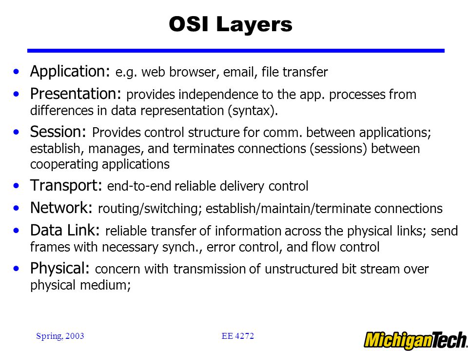 EE 4272Spring, 2003 OSI Layers Application: e.g.
