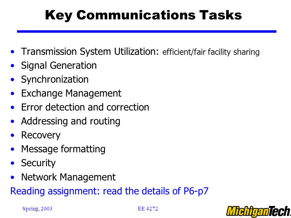 EE 4272Spring, 2003 Key Communications Tasks Transmission System Utilization: efficient/fair facility sharing Signal Generation Synchronization Exchange Management Error detection and correction Addressing and routing Recovery Message formatting Security Network Management Reading assignment: read the details of P6-p7