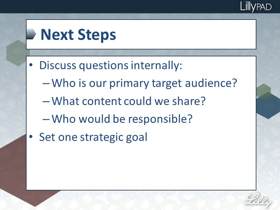 Next Steps Discuss questions internally: – Who is our primary target audience.