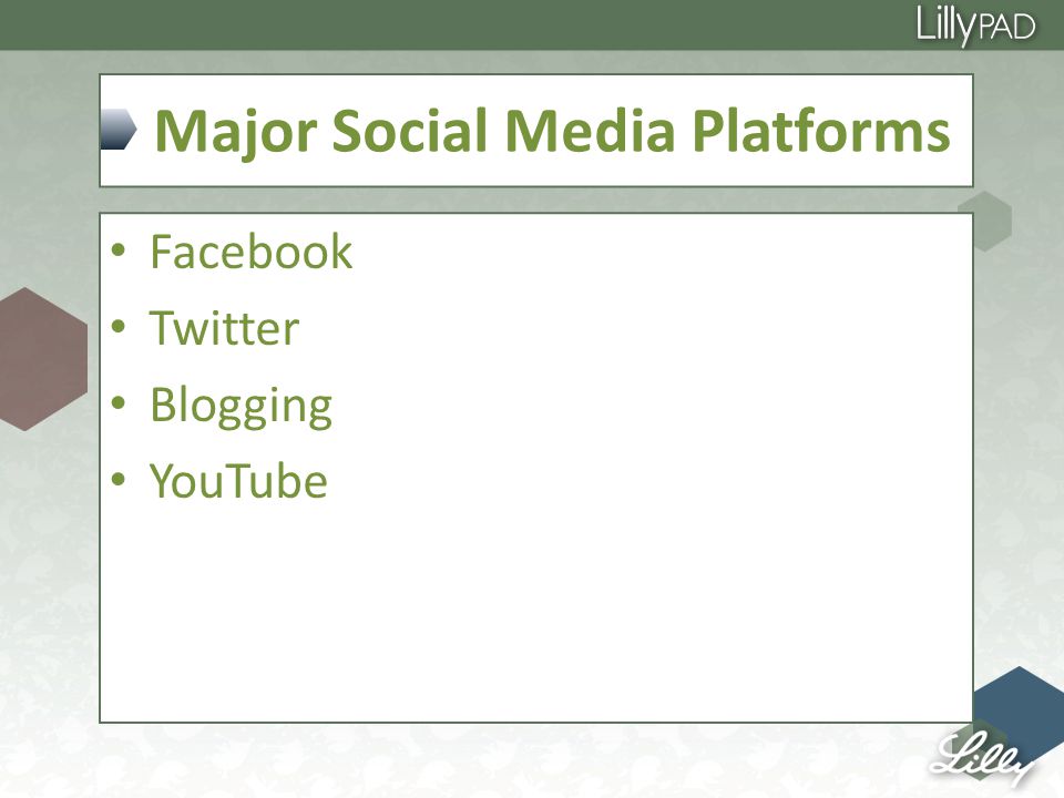 Major Social Media Platforms Facebook Twitter Blogging YouTube