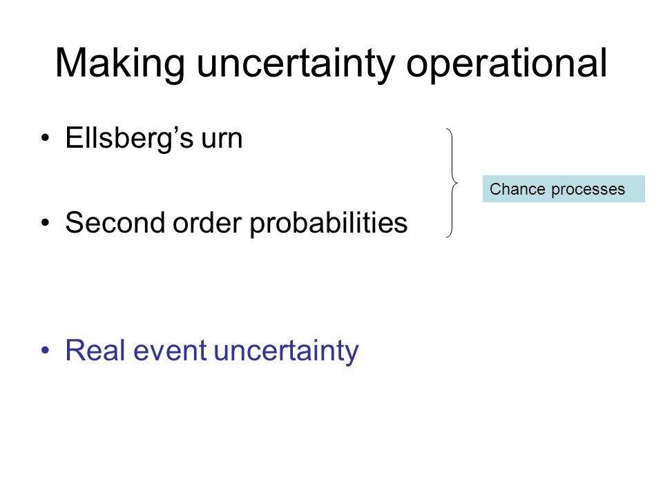 Making uncertainty operational Ellsberg’s urn Second order probabilities Real event uncertainty Chance processes