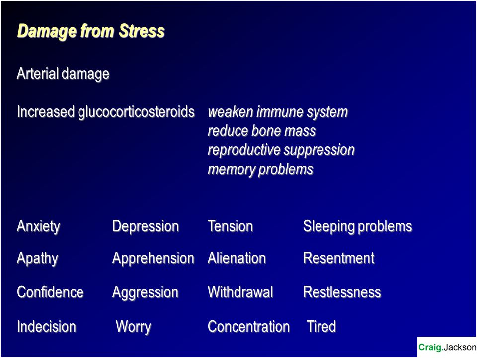 Damage from Stress Arterial damage Increased glucocorticosteroids weaken immune system reduce bone mass reproductive suppression memory problems AnxietyDepressionTensionSleeping problems Apathy ApprehensionAlienationResentment Confidence AggressionWithdrawalRestlessness Indecision Worry Concentration Tired