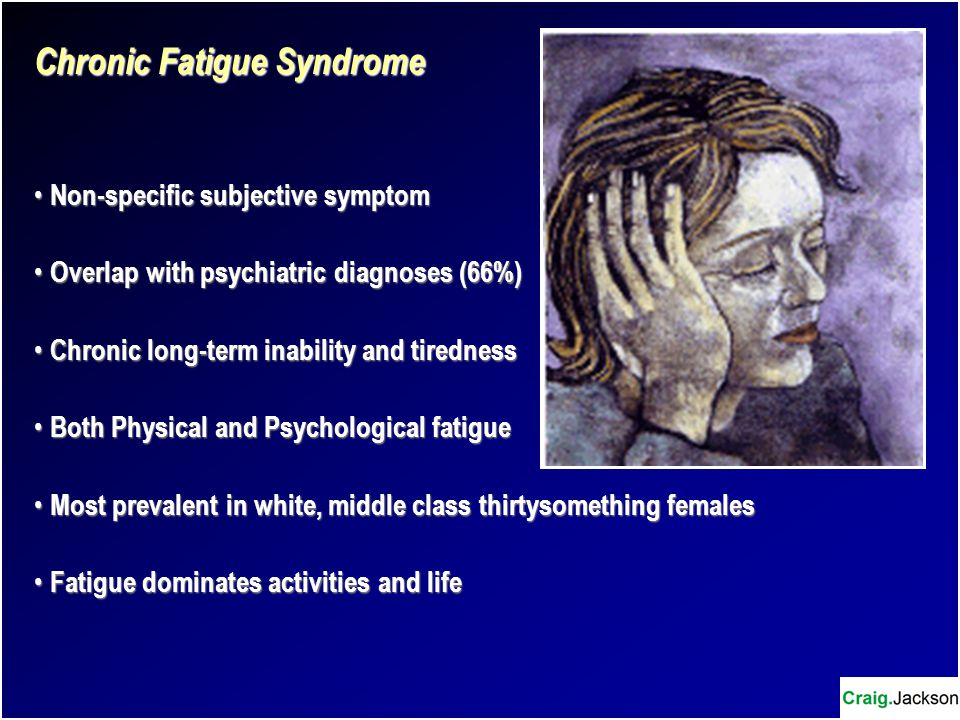 Chronic Fatigue Syndrome Non-specific subjective symptom Non-specific subjective symptom Overlap with psychiatric diagnoses (66%) Overlap with psychiatric diagnoses (66%) Chronic long-term inability and tiredness Chronic long-term inability and tiredness Both Physical and Psychological fatigue Both Physical and Psychological fatigue Most prevalent in white, middle class thirtysomething females Most prevalent in white, middle class thirtysomething females Fatigue dominates activities and life Fatigue dominates activities and life