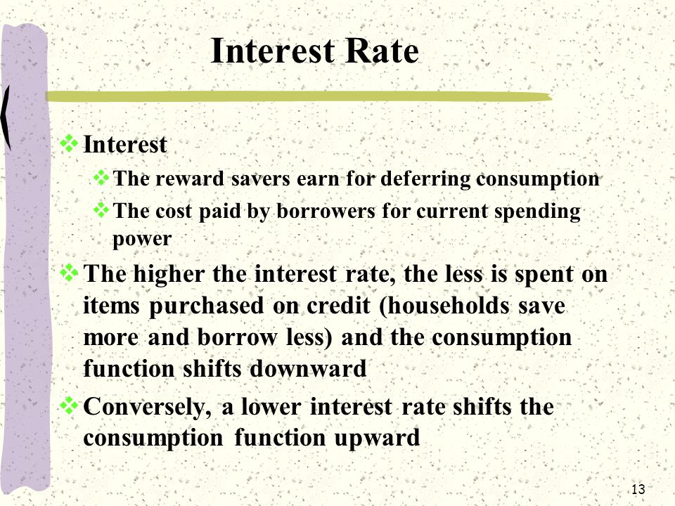 13 Interest Rate  Interest  The reward savers earn for deferring consumption  The cost paid by borrowers for current spending power higher the interest rate  The higher the interest rate, the less is spent on items purchased on credit (households save more and borrow less) and the consumption function shifts downward  Conversely, a lower interest rate shifts the consumption function upward