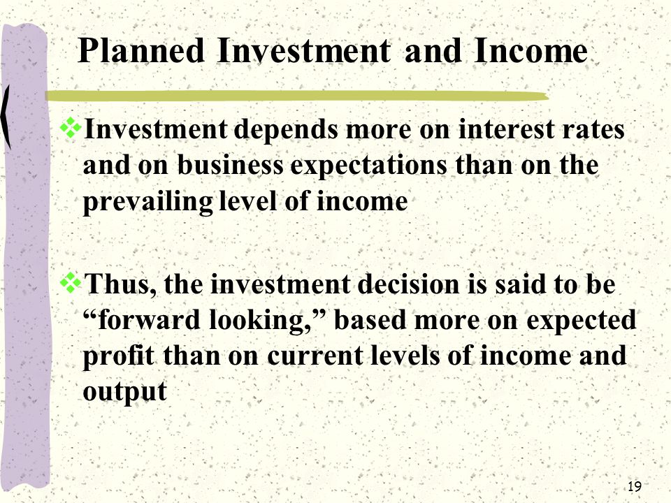 19 Planned Investment and Income  Investment depends more on interest rates and on business expectations than on the prevailing level of income  Thus, the investment decision is said to be forward looking, based more on expected profit than on current levels of income and output
