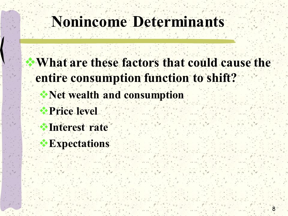8 Nonincome Determinants  What are these factors that could cause the entire consumption function to shift.