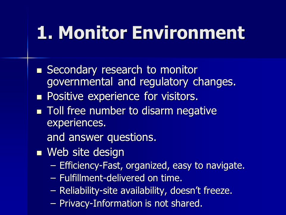 1. Monitor Environment Secondary research to monitor governmental and regulatory changes.