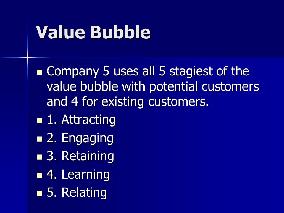 Value Bubble Company 5 uses all 5 stagiest of the value bubble with potential customers and 4 for existing customers.