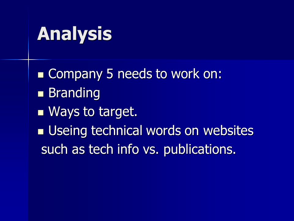 Analysis Company 5 needs to work on: Company 5 needs to work on: Branding Branding Ways to target.