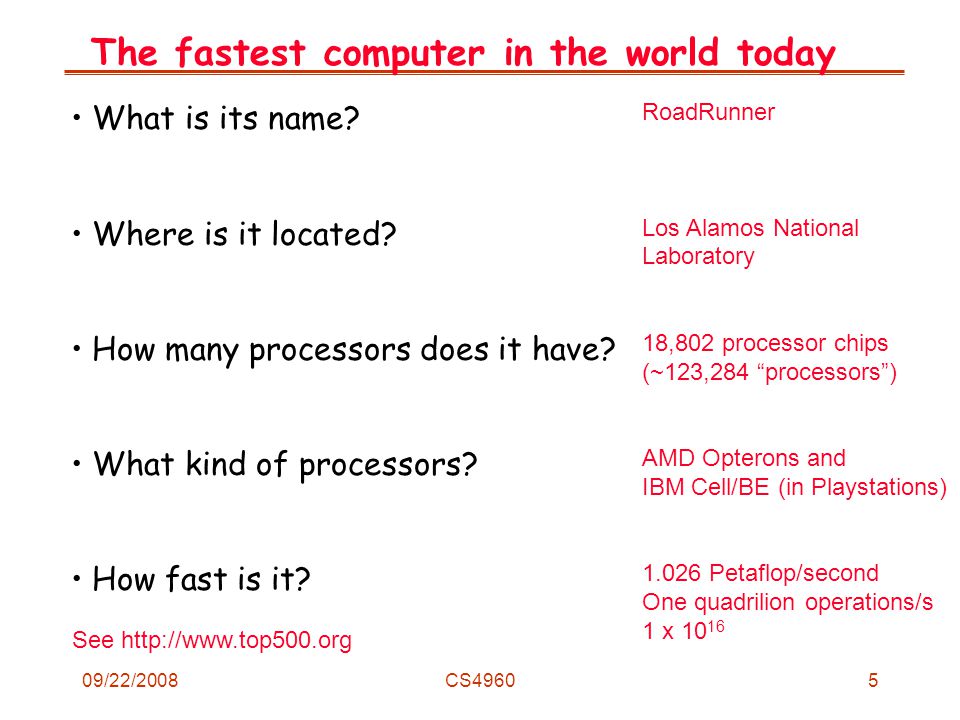 09/22/2008CS49605 The fastest computer in the world today What is its name.