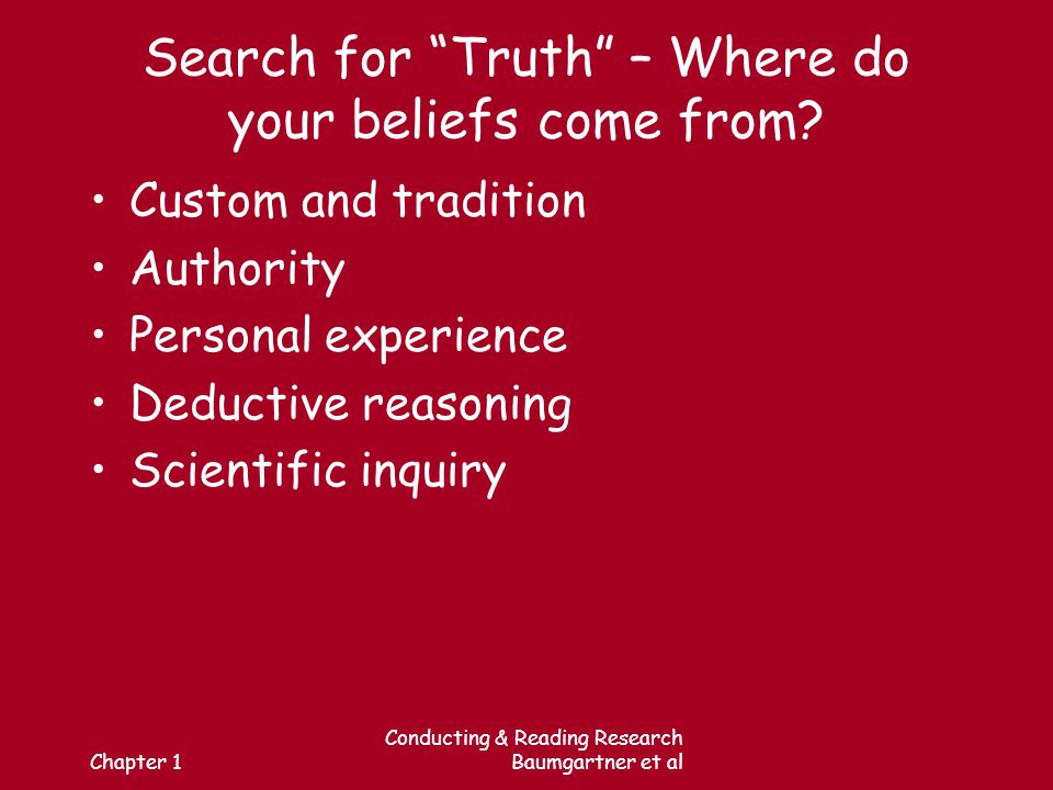 Chapter 1 Conducting & Reading Research Baumgartner et al Search for Truth – Where do your beliefs come from.