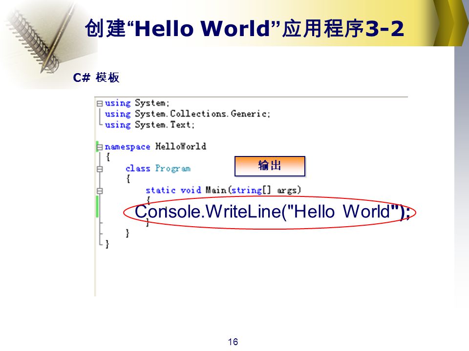 16 创建 Hello World 应用程序 3-2 C# 模板 Console.WriteLine( Hello World ); 输出
