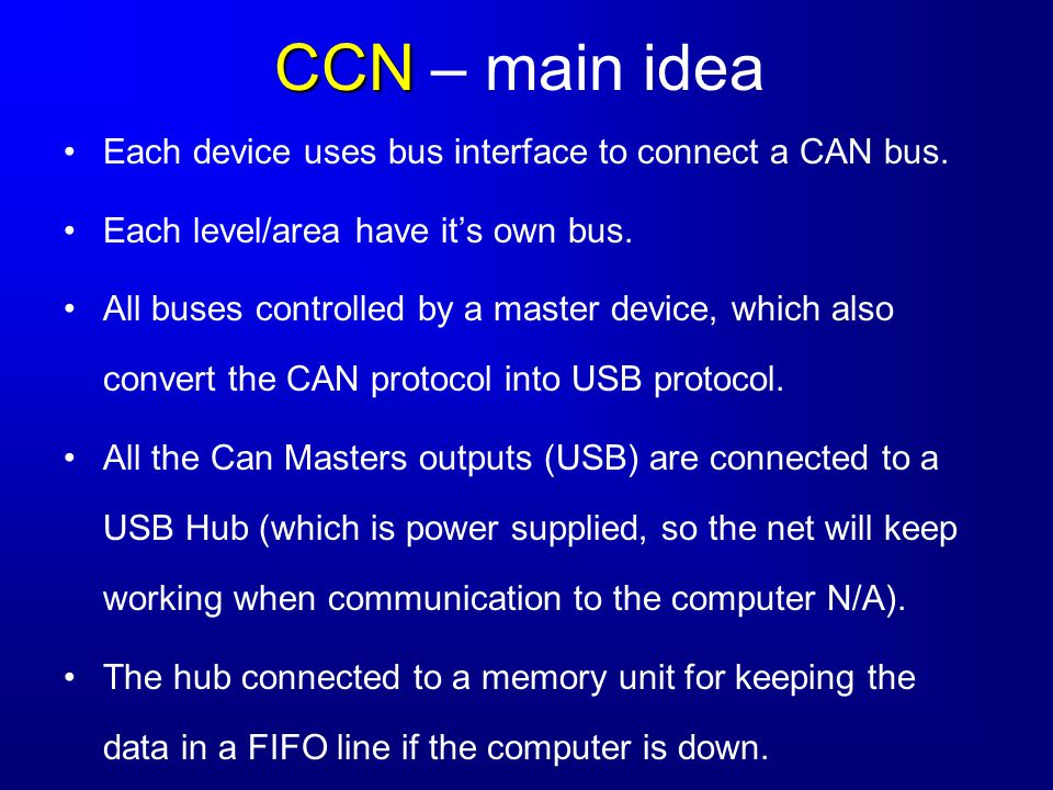 CCN CCN – main idea Each device uses bus interface to connect a CAN bus.
