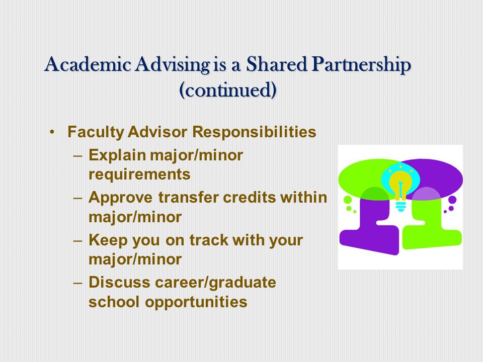 Academic Advising is a Shared Partnership Academic Advisor Responsibilities (College Professional) –Help you navigate the university system –Connect you to the campus and campus resources –Help you ask the right questions –Supply you with information to make informed decisions –Explain academic policies and procedures –Provide academic updates and assist you in planning for success –Facilitate graduation Students, faculty, and staff are all participants in the teaching and learning mission of the College.