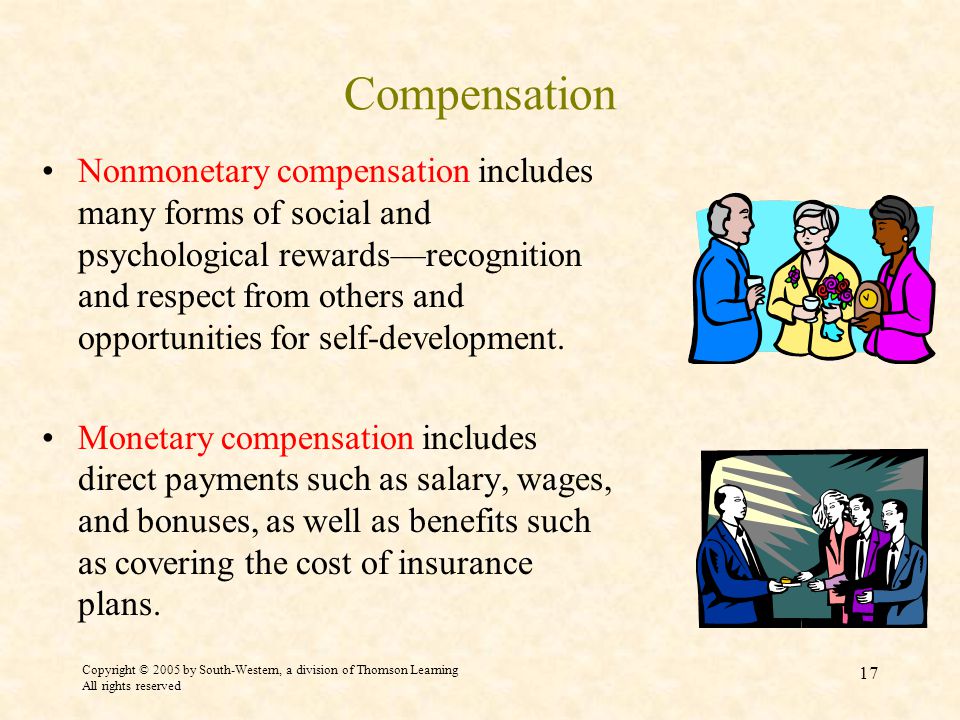 Copyright © 2005 by South-Western, a division of Thomson Learning All rights reserved 17 Compensation Nonmonetary compensation includes many forms of social and psychological rewards—recognition and respect from others and opportunities for self-development.