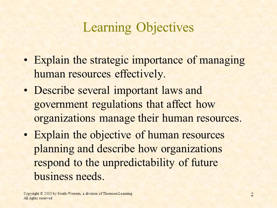 Copyright © 2005 by South-Western, a division of Thomson Learning All rights reserved 2 Learning Objectives Explain the strategic importance of managing human resources effectively.