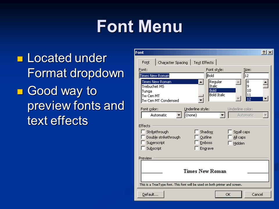 Font Menu Located under Format dropdown Located under Format dropdown Good way to preview fonts and text effects Good way to preview fonts and text effects