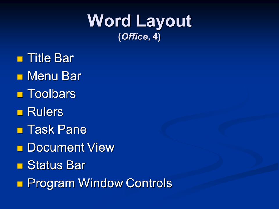 Word Layout (Office, 4) Title Bar Title Bar Menu Bar Menu Bar Toolbars Toolbars Rulers Rulers Task Pane Task Pane Document View Document View Status Bar Status Bar Program Window Controls Program Window Controls