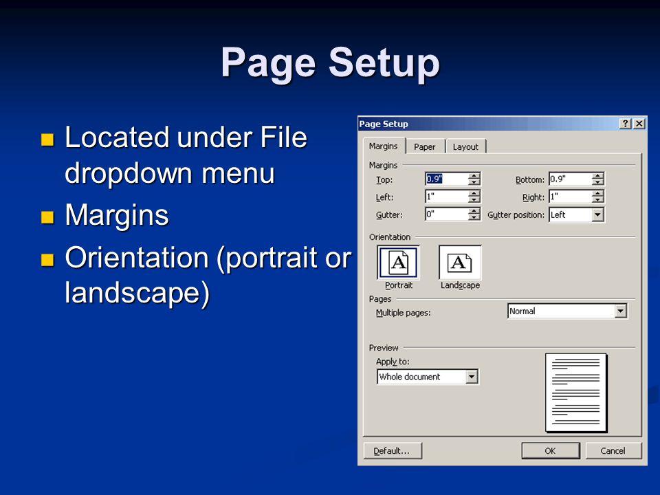 Page Setup Located under File dropdown menu Located under File dropdown menu Margins Margins Orientation (portrait or landscape) Orientation (portrait or landscape)