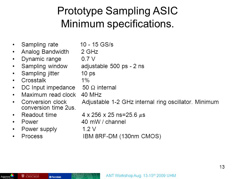 Prototype Sampling ASIC Minimum specifications.
