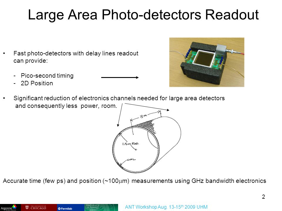 Large Area Photo-detectors Readout Fast photo-detectors with delay lines readout can provide: - Pico-second timing - 2D Position Significant reduction of electronics channels needed for large area detectors and consequently less power, room.