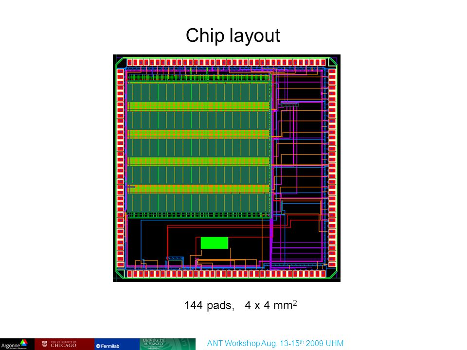 Chip layout ANT Workshop Aug th 2009 UHM 144 pads, 4 x 4 mm 2
