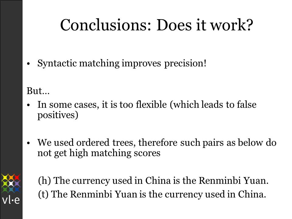 Conclusions: Does it work. Syntactic matching improves precision.