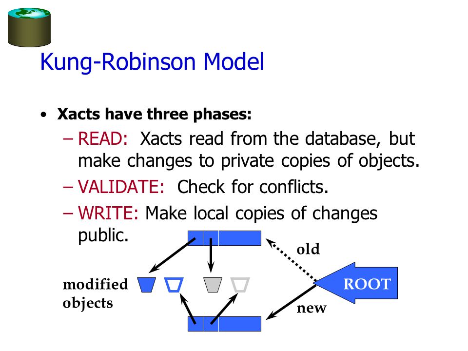 Kung-Robinson Model Xacts have three phases: –READ: Xacts read from the database, but make changes to private copies of objects.