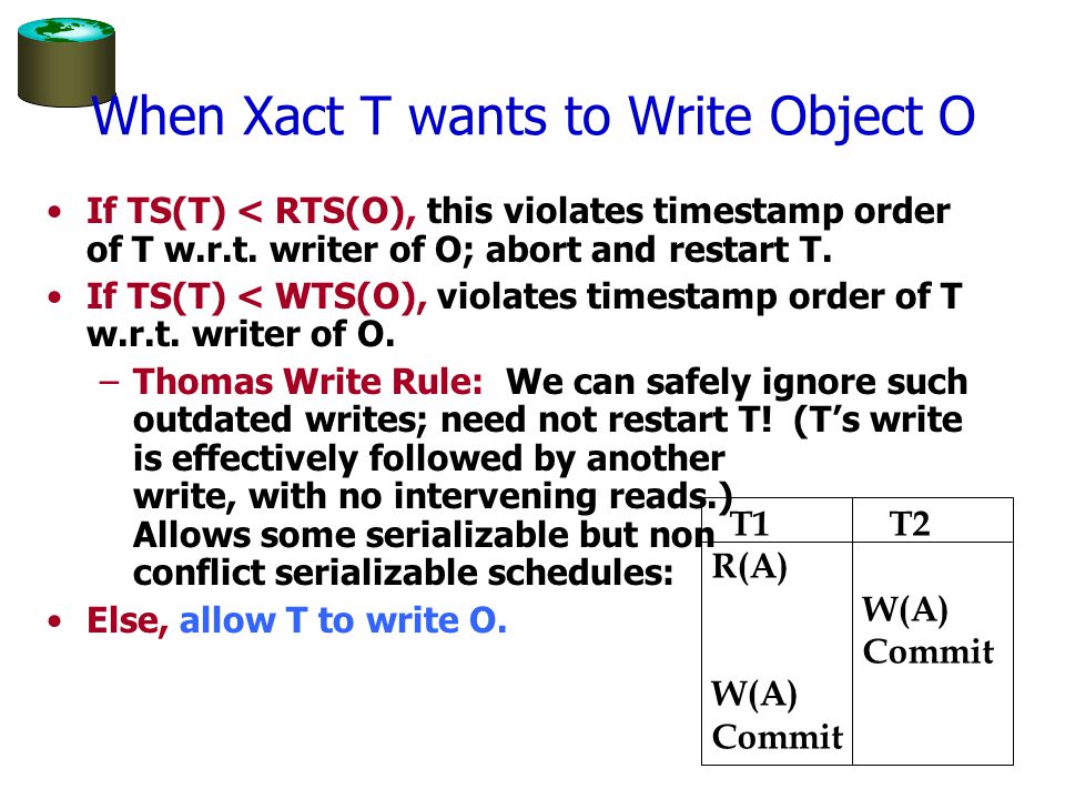 When Xact T wants to Write Object O If TS(T) < RTS(O), this violates timestamp order of T w.r.t.