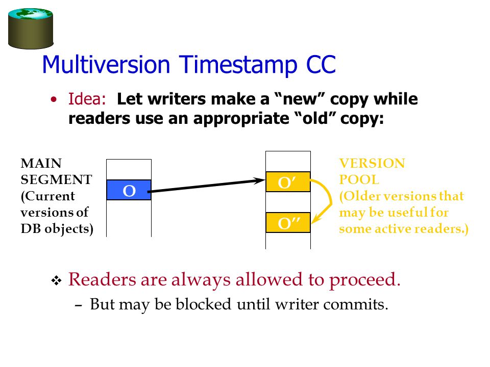 Multiversion Timestamp CC Idea: Let writers make a new copy while readers use an appropriate old copy: O O’ O’’ MAIN SEGMENT (Current versions of DB objects) VERSION POOL (Older versions that may be useful for some active readers.) v Readers are always allowed to proceed.