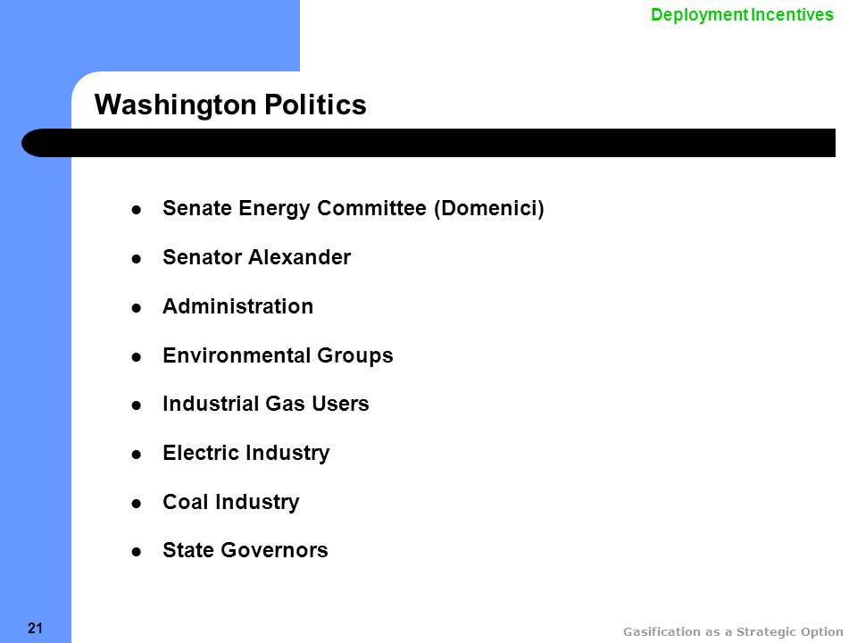 Gasification as a Strategic Option 21 Washington Politics Senate Energy Committee (Domenici) Senator Alexander Administration Environmental Groups Industrial Gas Users Electric Industry Coal Industry State Governors Deployment Incentives