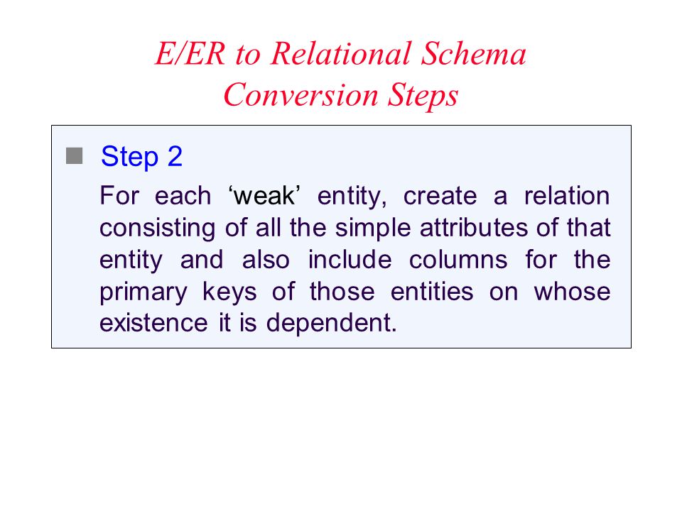 E/ER to Relational Schema Conversion Steps Step 2 For each ‘weak’ entity, create a relation consisting of all the simple attributes of that entity and also include columns for the primary keys of those entities on whose existence it is dependent.