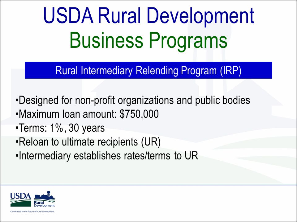 USDA Rural Development Business Programs Rural Intermediary Relending Program (IRP) Designed for non-profit organizations and public bodies Maximum loan amount: $750,000 Terms: 1%, 30 years Reloan to ultimate recipients (UR) Intermediary establishes rates/terms to UR