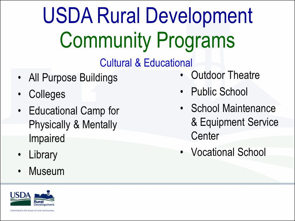 All Purpose Buildings Colleges Educational Camp for Physically & Mentally Impaired Library Museum Outdoor Theatre Public School School Maintenance & Equipment Service Center Vocational School USDA Rural Development Community Programs Cultural & Educational