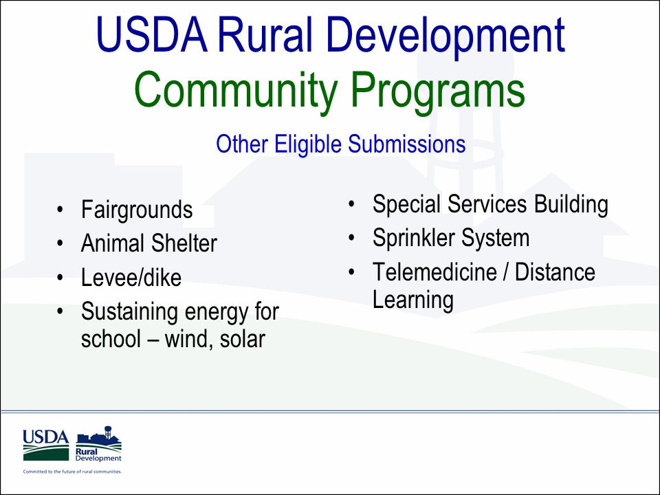 USDA Rural Development Community Programs Fairgrounds Animal Shelter Levee/dike Sustaining energy for school – wind, solar Special Services Building Sprinkler System Telemedicine / Distance Learning Other Eligible Submissions