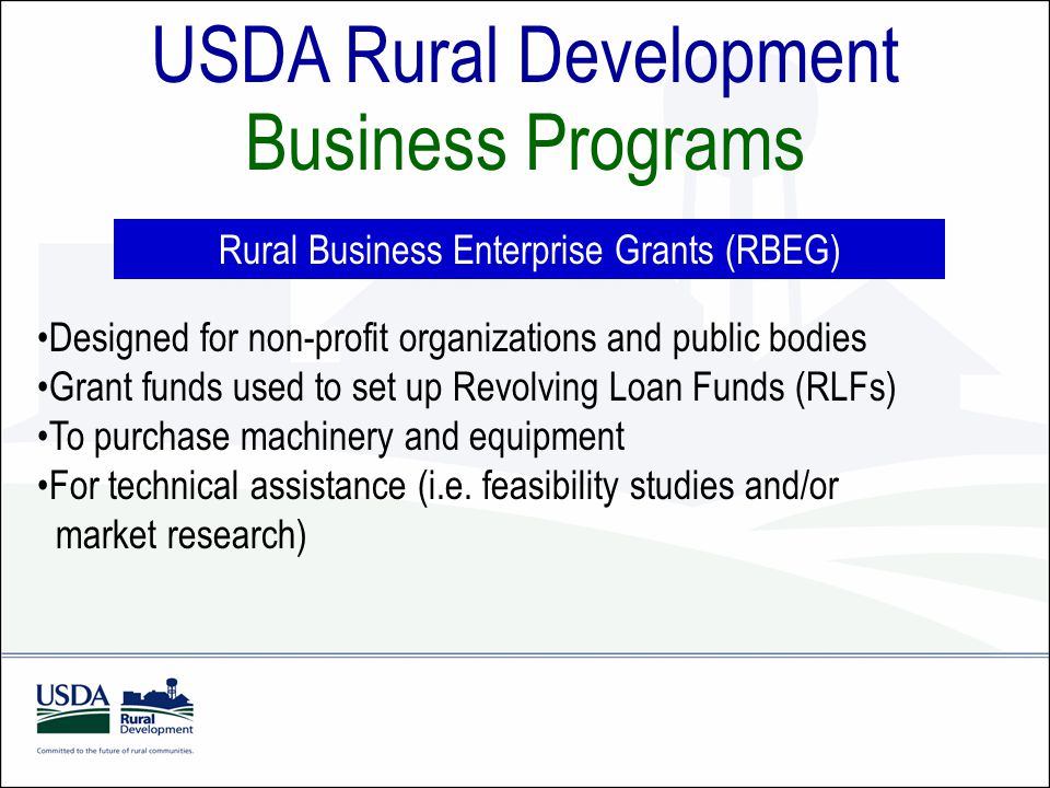 USDA Rural Development Business Programs Rural Business Enterprise Grants (RBEG) Designed for non-profit organizations and public bodies Grant funds used to set up Revolving Loan Funds (RLFs) To purchase machinery and equipment For technical assistance (i.e.